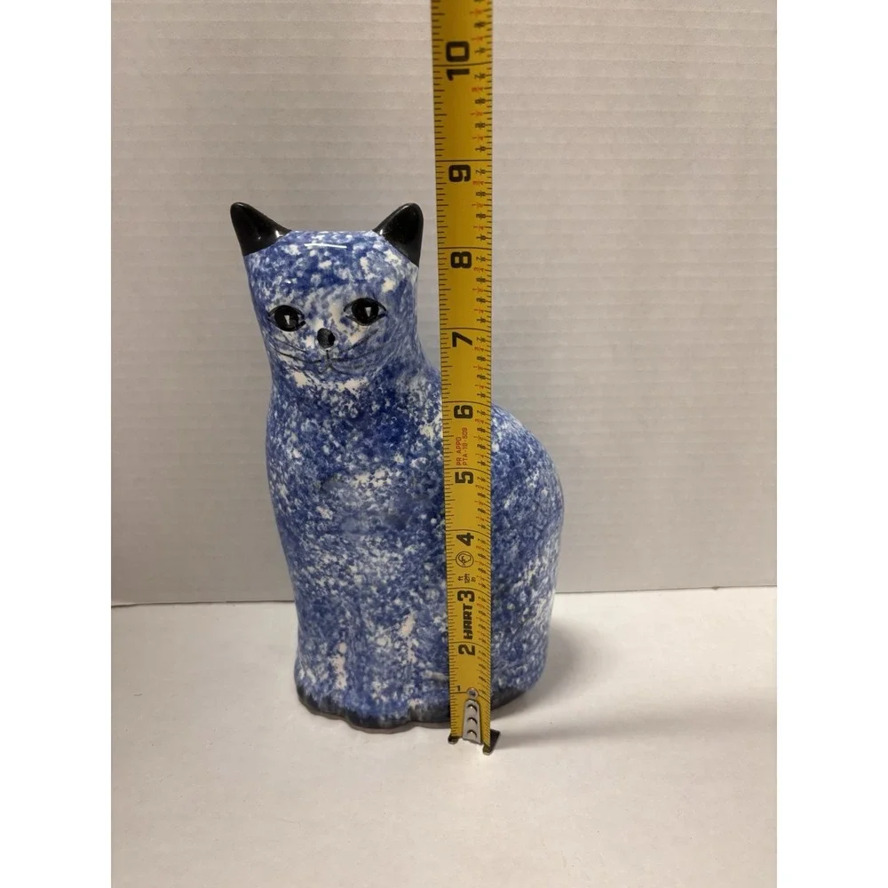 Cat Kitty Vintage Sponged Painted Blue‎ and White Coin Bank 9
